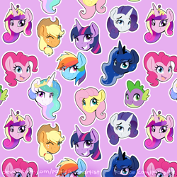 Size: 5000x5000 | Tagged: safe, artist:partylikeanartist, character:applejack, character:fluttershy, character:pinkie pie, character:princess cadance, character:princess celestia, character:princess luna, character:rainbow dash, character:rarity, character:spike, character:twilight sparkle, species:alicorn, species:earth pony, species:pegasus, species:pony, species:unicorn, bedroom eyes, bust, crown, cute, diabetes, disembodied head, head only, jewelry, one eye closed, open mouth, pattern, portrait, regalia, seamless, smiling, tiara, tiled background, wink