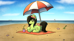 Size: 4500x2531 | Tagged: safe, artist:moemneop, character:derpy hooves, oc, oc:emerald blade, species:earth pony, species:pony, beach, beach umbrella, bow, female, mare, prone, tail bow, when you see it