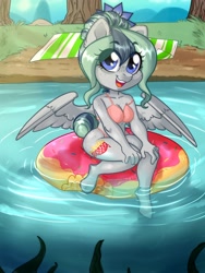 Size: 3000x4000 | Tagged: safe, artist:annakitsun3, oc, oc only, oc:feather fry, species:anthro, species:pegasus, species:pony, species:unguligrade anthro, beach towel, bikini, clothing, female, freckles, inflatable, inner tube, lake, looking at you, mare, smiling, solo, spread wings, swimsuit, towel, water, wings