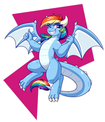 Size: 3353x3889 | Tagged: safe, artist:graphene, character:rainbow dash, species:dragon, dragonified, female, grin, one eye closed, rainbow dragon, smiling, solo, species swap, thumbs up, wink