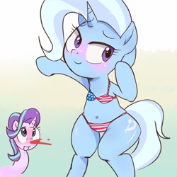 Size: 1200x1200 | Tagged: safe, artist:k-nattoh, character:starlight glimmer, character:trixie, species:pony, species:unicorn, 4th of july, belly button, bikini, blood, clothing, female, flag bikini, holiday, mare, nosebleed, swimsuit