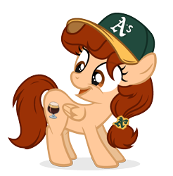 Size: 1396x1418 | Tagged: safe, artist:rioshi, artist:starshade, oc, oc only, oc:vanilla creame, species:pegasus, species:pony, baseball cap, cap, clothing, female, filly, hat, looking back, oakland athletics, simple background, solo, transparent background, younger