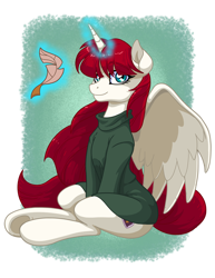 Size: 2550x3300 | Tagged: safe, artist:latecustomer, oc, oc only, oc:fausticorn, species:alicorn, species:pony, alicorn oc, clothing, cute, faustabetes, female, high res, lauren faust, levitation, looking at you, magic, mare, quill, sitting, smiling, solo, sweater, telekinesis, underhoof