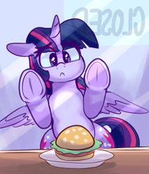 Size: 3137x3665 | Tagged: safe, artist:graphene, character:twilight sparkle, character:twilight sparkle (alicorn), species:alicorn, species:pony, newbie artist training grounds, against glass, atg 2019, both cutie marks, burger, closed, cute, female, food, frog (hoof), frown, glass, mare, ponies eating meat, restaurant, solo, that pony sure does love burgers, twiabetes, twilight burgkle, underhoof, want
