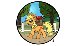 Size: 3000x1920 | Tagged: safe, artist:dawn-designs-art, character:applejack, species:earth pony, species:pony, apple, circle, female, food, happy, scenery, solo, sweet apple acres, working