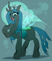 Size: 3360x3940 | Tagged: safe, artist:graphene, character:queen chrysalis, species:changeling, newbie artist training grounds, atg 2019, bokeh, changeling queen, crown, female, high res, looking at you, open mouth, pointing at self, regalia, solo