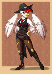 Size: 2600x3700 | Tagged: safe, artist:jack-pie, oc, oc only, species:anthro, species:griffon, species:plantigrade anthro, anthro oc, ashe (overwatch), clothing, cosplay, costume, female, griffon oc, heterochromia, high res, looking at you, overwatch, smiling, solo