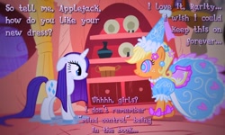 Size: 1024x615 | Tagged: safe, artist:snakeythingy, edit, edited screencap, screencap, character:applejack, character:rarity, species:pony, episode:look before you sleep, g4, my little pony: friendship is magic, applejack also dresses in style, dialogue, froufrou glittery lacy outfit, golden oaks library, implied twilight sparkle, mind control, princess applejack, swirly eyes, wet mane