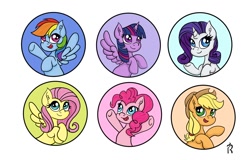 Size: 1280x820 | Tagged: safe, artist:dawn-designs-art, character:applejack, character:fluttershy, character:pinkie pie, character:rainbow dash, character:rarity, character:twilight sparkle, character:twilight sparkle (alicorn), species:alicorn, species:earth pony, species:pegasus, species:pony, species:unicorn, badge, circle, group, mane six, simple background, white background