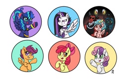 Size: 1280x820 | Tagged: safe, artist:dawn-designs-art, character:apple bloom, character:cozy glow, character:grogar, character:lord tirek, character:princess celestia, character:princess luna, character:queen chrysalis, character:scootaloo, character:sweetie belle, species:alicorn, species:centaur, species:changeling, species:earth pony, species:pegasus, species:pony, species:unicorn, 80s princess luna, badge, changeling queen, chrysalislover, circle, cutie mark crusaders, female, group, punklestia, queenchrysalis