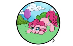 Size: 1280x820 | Tagged: safe, artist:dawn-designs-art, character:pinkie pie, species:earth pony, species:pony, balloon, circle, female, happy, solo