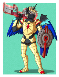 Size: 2700x3500 | Tagged: safe, artist:jack-pie, oc, oc only, species:alicorn, species:anthro, species:plantigrade anthro, species:pony, alicorn oc, armor, commission, crossover, high res, male, shield, solo, transformers, weapon