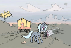 Size: 1152x768 | Tagged: safe, artist:agm, character:trixie, species:pony, species:unicorn, camera, female, mare, mouth hold, solo, trixie's wagon, wip