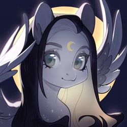 Size: 1080x1080 | Tagged: safe, artist:aphphphphp, oc, species:pegasus, species:pony, bust, crescent moon, long hair, moon, portrait, solo, sparkles