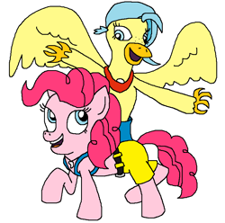 Size: 827x820 | Tagged: safe, artist:logan jones, character:pinkie pie, character:princess skystar, species:classical hippogriff, species:earth pony, species:hippogriff, species:pony, my little pony: the movie (2017), backpack, banjo kazooie, belt, clothing, cosplay, costume, duo, female, shark tooth, shorts, solo, super smash bros. ultimate, tooth necklace