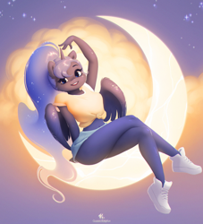 Size: 2362x2598 | Tagged: safe, artist:katputze, character:princess luna, species:alicorn, species:anthro, species:pony, clothing, crescent moon, ethereal mane, female, front knot midriff, galaxy mane, looking at you, mare, midriff, moon, shoes, sneakers, solo, tangible heavenly object, transparent moon