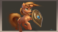 Size: 4100x2300 | Tagged: safe, artist:auroriia, character:applejack, species:earth pony, species:pony, female, gray background, hoof hold, shield, simple background, solo