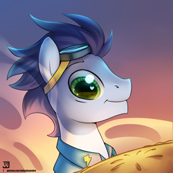 Size: 2000x2000 | Tagged: safe, artist:jedayskayvoker, character:soarin', species:pegasus, species:pony, clothing, eyes on the prize, food, goggles, heart eyes, male, pie, smiling, solo, stallion, that pony sure does love pies, uniform, wingding eyes, wonderbolts dress uniform