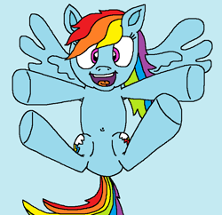 Size: 735x711 | Tagged: safe, artist:logan jones, character:rainbow dash, species:pegasus, species:pony, bad anatomy, belly button, both cutie marks, cute, dashabetes, featureless crotch, female, flying, happy, hooves out, open mouth, sky, smiling