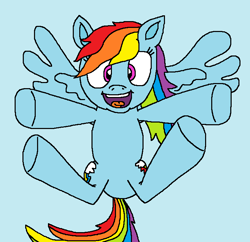 Size: 735x711 | Tagged: safe, artist:logan jones, edit, character:rainbow dash, species:pegasus, species:pony, both cutie marks, crippled, cute, dashabetes, featureless crotch, female, fixed, flying, happy, hooves out, open mouth, sky, smiling
