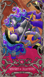 Size: 2088x3619 | Tagged: safe, artist:sourcherry, oc, oc only, oc:violet reverie, species:pony, species:unicorn, armor, curly hair, ear piercing, earring, female, jewelry, long mane, mare, piercing, solo, sword, weapon