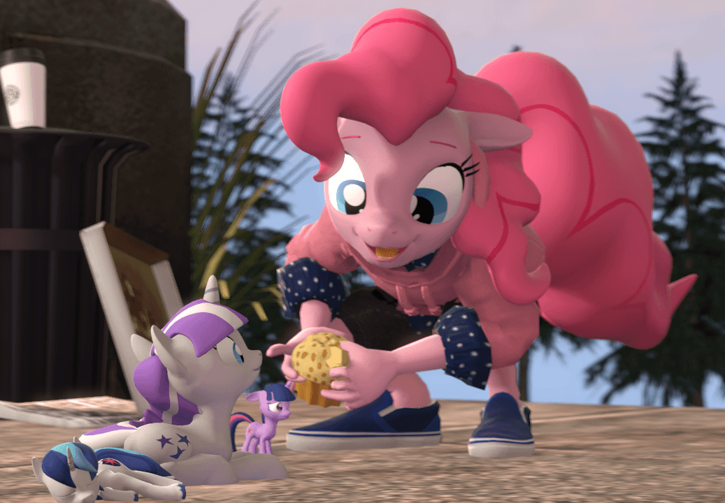 Size: 1037x720 | Tagged: safe, artist:fishimira, character:pinkie pie, character:shining armor, character:twilight sparkle, character:twilight velvet, species:anthro, species:plantigrade anthro, species:pony, species:unicorn, 3d, animated, anthro with ponies, behaving like a cat, behaving like a dog, clothing, context is for the weak, cute, diapinkes, eating, eyes closed, feeding, female, floppy ears, food, gif, happy, hoodie, jumping, loop, male, mare, micro, mother and child, mother and daughter, mother and son, muffin, not salmon, outdoors, perfect loop, pizza box, prone, sad, sadorable, shining adorable, shoes, size difference, sleeping, smiling, source filmmaker, starbucks, swallowing, sweater, tiny, tiny ponies, trash can, tree, twiabetes, velvetbetes, wat, what the actual hay?