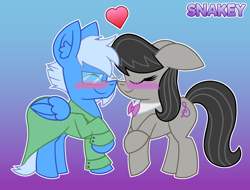 Size: 2100x1600 | Tagged: safe, artist:snakeythingy, character:octavia melody, oc, oc:lightning aura, species:pony, blushing, boop, commission, gradient background, noseboop, story included