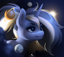 Size: 2126x1890 | Tagged: safe, artist:katputze, oc, oc only, oc:andromeda, species:pony, commission, female, giant pony, macro, mare, moon, pony bigger than a planet, smiling, solo, space, sun