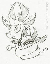 Size: 1159x1466 | Tagged: safe, artist:rossmaniteanzu, character:pharynx, character:prince pharynx, character:thorax, species:changeling, species:reformed changeling, annoyed, brothers, changedling brothers, embrace, male, pencil drawing, scared, siblings, sketch, traditional art