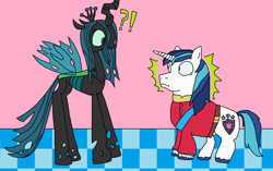 Size: 2000x1252 | Tagged: safe, artist:logan jones, character:queen chrysalis, character:shining armor, species:changeling, species:pony, species:unicorn, episode:a canterlot wedding, g4, my little pony: friendship is magic, alternate scenario, changeling queen, disgusted, dispelling, exclamation point, female, interrobang, male, question mark, shocked, this will not end well