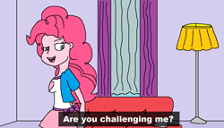 Size: 1306x748 | Tagged: safe, artist:logan jones, character:pinkie pie, my little pony:equestria girls, are you challenging me?, couch, curtains, floor, implied spike, indoors, lamp, looking back, meme, pillow, ponified meme, raised eyebrow, scooby doo, shaggy rogers, smiling, subtitles, ultra instinct pinkie, ultra instinct shaggy, walls, window