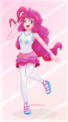 Size: 2286x4096 | Tagged: safe, artist:eifiechan, character:pinkie pie, my little pony:equestria girls, armpits, blushing, clothing, cute, diapinkes, female, happy, high res, miniskirt, moe, one eye closed, pantyhose, peace sign, pose, sandals, simple background, skirt, smiling, solo, tank top, wink