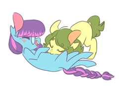 Size: 500x347 | Tagged: safe, artist:laceymod, oc, oc only, oc:bitter herb, oc:invidia, species:earth pony, species:pony, female, kissing, mare, on back