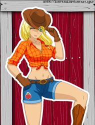 Size: 950x1250 | Tagged: safe, artist:zantyarz, character:applejack, barn, belly button, breasts, busty applejack, clothing, cowboy hat, female, front knot midriff, hat, humanized, midriff, pixel art, shorts, solo, wink