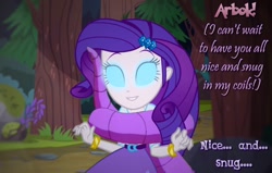 Size: 1122x712 | Tagged: safe, artist:snakeythingy, edit, edited screencap, screencap, character:rarity, my little pony:equestria girls, arbok, belt, bracelet, clothing, coiling, coils, crossover, female, hypno eyes, hypnosis, hypnotized, jewelry, pokémon, skirt, smiling, solo, text