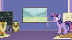 Size: 1536x861 | Tagged: safe, artist:forgalorga, character:twilight sparkle, character:twilight sparkle (alicorn), species:alicorn, species:pony, book, chalk, chalkboard, crosscut saw, diagram, everypony is strange, female, geometry, glowing horn, horn, levitation, magic, mare, math, measuring, measuring tape, ocd, painting, pencil, saw, t square, telekinesis, twilight is not amused, unamused, youtube link