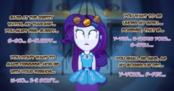 Size: 1231x649 | Tagged: safe, artist:snakeythingy, character:rarity, g4, my little pony: equestria girls, my little pony:equestria girls, blank expression, clothing, female, geode of shielding, hypnosis, hypnotized, magical geodes, offscreen character, pendulum swing, pocket watch, shrunken pupils, slavery, solo, story included, text, wide eyes