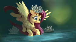 Size: 4000x2250 | Tagged: safe, artist:auroriia, character:fluttershy, species:pegasus, species:pony, cute, female, flower, flower in hair, lily pad, looking at something, looking down, lotus (flower), mare, shyabetes, solo, spread wings, three quarter view, water, wings