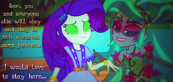 Size: 1300x620 | Tagged: safe, artist:snakeythingy, character:gloriosa daisy, character:rarity, equestria girls:legend of everfree, g4, my little pony: equestria girls, my little pony:equestria girls, bracelet, camp everfree, camp everfree outfits, camp fashion show outfit, clothing, cute, female, gaea everfree, geode of shielding, hypno eyes, hypnosis, hypnotized, jewelry, solo, story included, text