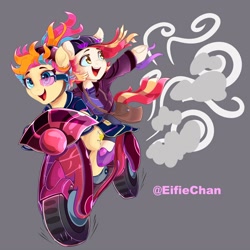 Size: 3000x3000 | Tagged: safe, artist:eifiechan, oc, species:earth pony, species:pegasus, species:pony, species:unicorn, babscon, clothing, duo, scooter