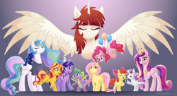 Size: 5500x3000 | Tagged: safe, artist:eifiechan, character:apple bloom, character:fluttershy, character:pinkie pie, character:princess cadance, character:princess celestia, character:princess luna, character:scootaloo, character:spike, character:sunset shimmer, character:sweetie belle, character:twilight sparkle, character:twilight sparkle (alicorn), oc, oc:fausticorn, species:alicorn, species:dragon, species:earth pony, species:pegasus, species:pony, species:unicorn, balloon, bronycon, clothing, cutie mark, cutie mark crusaders, faustabetes, female, filly, glowing horn, hoof hold, horn, magic, male, mare, microphone, royal sisters, shirt, telekinesis, the cmc's cutie marks, winged spike