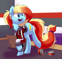 Size: 1425x1362 | Tagged: safe, artist:victoreach, oc, oc only, oc:honey wound, species:earth pony, species:pony, bed, box, clothing, dye, dyed mane, dyed tail, female, happy, mare, open mouth, raised hoof, red mane, room, soft shading, solo