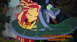 Size: 1340x730 | Tagged: safe, artist:snakeythingy, character:sunset shimmer, equestria girls:dance magic, g4, my little pony: equestria girls, my little pony:equestria girls, spoiler:eqg specials, bracelet, crossover, dancing, eyes closed, female, flamenco, jewelry, jungle, kaa, massage, master, mind control, peril, ponied up, ponytail, slavery, solo, story included, text, the jungle book