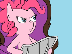 Size: 832x625 | Tagged: safe, artist:logan jones, character:pinkie pie, species:earth pony, species:pony, >:o, angry, chair, meme, newspaper, ponified meme, reaction image, tom and jerry