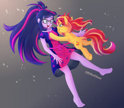 Size: 4600x4000 | Tagged: safe, artist:eifiechan, character:sunset shimmer, character:twilight sparkle, character:twilight sparkle (scitwi), species:eqg human, species:pony, species:unicorn, equestria girls:spring breakdown, g4, my little pony: equestria girls, my little pony:equestria girls, spoiler:eqg series (season 2), absurd resolution, barefoot, clothing, cute, cutie mark, dress, feet, female, freckles, frog (hoof), glasses, glomp, happy, legs, looking at each other, mare, open mouth, shimmerbetes, smiling, square crossover, tackle, twiabetes, underhoof