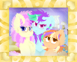 Size: 1228x1000 | Tagged: safe, artist:vanillaswirl6, oc, oc only, oc:pleasant plume, oc:scented candle, oc:vanilla swirl, species:pony, female, fluffy, glasses, hair accessory, photo frame, siblings, sisters, younger