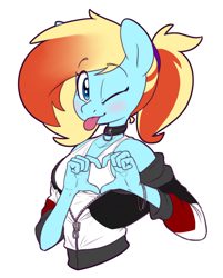 Size: 1172x1458 | Tagged: safe, artist:victoreach, oc, oc only, oc:honey wound, species:anthro, species:earth pony, species:pony, anthro oc, blushing, bust, choker, clothing, female, heart hands, jacket, mare, one eye closed, open jacket, simple background, solo, tank top, tongue out, white background, wink