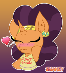 Size: 2000x2200 | Tagged: safe, artist:snakeythingy, character:saffron masala, species:pony, blushing, clothing, gradient background, heart, shirt