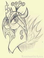 Size: 1523x2023 | Tagged: safe, artist:rossmaniteanzu, character:queen chrysalis, species:changeling, changeling queen, female, pencil drawing, solo, traditional art