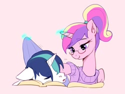 Size: 1848x1396 | Tagged: safe, artist:luciferamon, character:princess cadance, character:shining armor, species:alicorn, species:pony, species:unicorn, ship:shiningcadance, blanket, book, clothing, couple, cute, cutedance, dawwww, ear fluff, eyebrows, eyebrows visible through hair, eyes closed, female, glasses, love, magic, magic aura, male, mare, shining adorable, shipping, simple background, sleeping, stallion, straight, stroking, sweater, teen princess cadance, telekinesis, younger